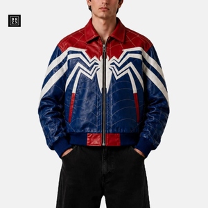 Veste en cuir de vache véritable de qualité supérieure, style araignée, bicolore, streetwear personnalisé, vêtements de moto tendance pour hommes, imperméable - Product Image 1