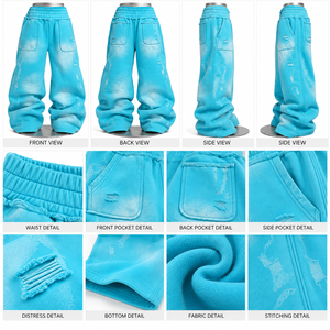 Nouvel ensemble unisexe hiver 2027 : sweat à capuche zippé et pantalon de survêtement en polaire délavée, coton turquoise vieilli, tie-dye respirant - Product Image 5
