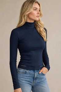 Oneten Apparels <b>Women</b> <b>Navy</b> Long Sleeve Turtleneck <b>Top</b> Casual Solid Knitted Jersey Tee - Product Image 1