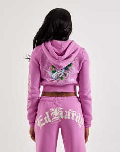 Ed Hardy Women's Pink <b>Cropped</b> Hoodie Floral Letter Pattern <b>Zip</b>-<b>Up</b> Waterproof Breathable Regular Sleeve Autumn Style - Product Image 2