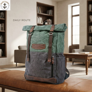 <b>Rugged</b> Roll Top Canvas Backpack with Padded Straps | Oil Waxed Two Tone Travel Rucksack with Side Pocket and Zipper Access - Product Image 2