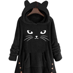 Sudadera con Capucha de Felpa para Mujer, Casual, Otoño-Invierno, con Estampado de Letras y Dibujos Animados, Orejas de Gato, Manga Larga, Forro Polar, Cálida - Product Image 1