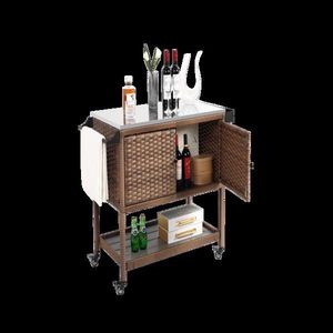 Chariot de bar d'extérieur en osier avec roulettes, comptoir de bar roulant en rotin, table de service à boissons avec plateau en verre pour véranda et patio arrière - Product Image 6