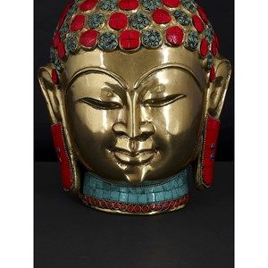 11\" Lord <b>Buddha</b> <b>Head</b> Brass Sculpture with Intricate Inlay Work - Product Image 2