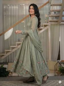 Modern Pastel <b>Green</b> Flared Anarkali Gown Suit for Women Floral Embroidery Border Work Full Sleeve Indian Party & Wedding Wear - Product Image 2