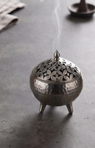 Metal Incense <b>Burner</b> <b>Silver</b> Hammered Tripod Cauldron Censer Floral Cutout Domed Lid Wholesale - Product Image 2
