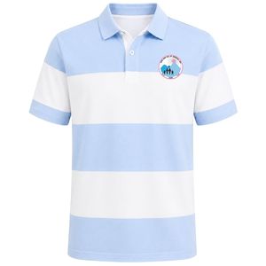 Light <b>Blue</b> White Striped <b>Polo</b> <b>Shirt</b> Short Sleeve Color Block Collared Button Front Casual Golf Teamwear <b>Shirt</b> with Crest Patch - Product Image 1