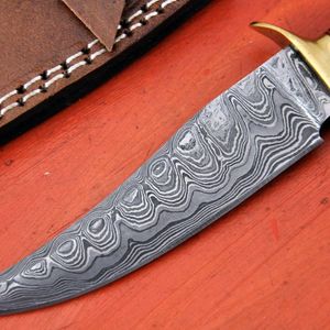 Couteau à lame fixe en acier Damas, couteau de chasse à pointe tombante, épaisseur de 0,6 mm, manche en ivoire, finitions dorées - Product Image 6