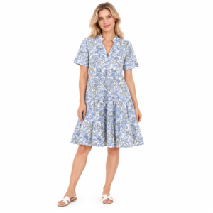 Vestido de verano con estampado floral azul para mujer, vestido informal de manga corta con cuello con muescas, corte en A, largo hasta la rodilla - Product Image 1