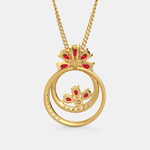 Yellow Gold <b>Ruby</b> Floral Circle Lab Grown Diamond Pendant <b>Necklace</b> - Product Image 3