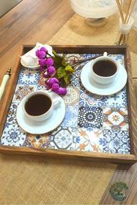 UO Art Premium Custom Wood and Enamel <b>Serving</b> <b>Tray</b> with Decorative Persian Pattern <b>Gold</b> Metal Handles Rectangular <b>Serving</b> Trayv - Product Image 3