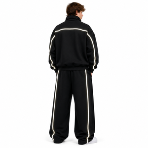 Custom Reflective Piping Boxy Oversized High Collar Hoodies Wide Leg Sweatpants Heavy Cotton Fleece Mock Neck Zip <b>Track</b> <b>Jacket</b> - Product Image 3