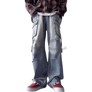 Pantalones vaqueros holgados Cargo para hombre, pantalones vaqueros rasgados de pierna recta, moda Hip Hop, estilo Grunge, ropa informal azul - Product Image 1