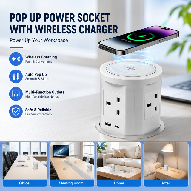 Office Meeting Room Pop up Socket UK/US/EU/AU Universal Power Outlet Motorized Pop up Lifting Socket with Wireless Charging