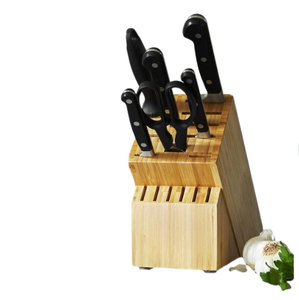 Ensemble de couteaux de cuisine en bois brun avec manches rivetés noirs, lames argentées et ciseaux pour la découpe et le hachage quotidiens - Product Image 3