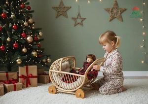 Cochecito de bambú para bebé con ruedas, estructura de ratán natural para niños de 0 a 3 años, carrito de juguete. - Product Image 3