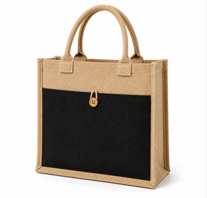 Jute Shopping <b>Bag</b> <b>Medium</b> <b>Size</b> Button Closure Hand Carry Daily Use Black Panel Design - Product Image 1