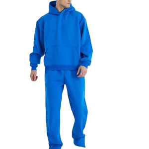 Chándal unisex azul con capucha y cuello alto, estampado 2 en 1, manga larga, color liso, informal, de forro polar, sin marca, corte holgado, primavera - Product Image 1