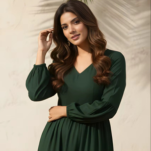 Vestido Elegante Verde de Seda Delta con Cuello en V, Manga Abullonada Completa, Largo Regular, Totalmente Cosido, Color Sólido, Estilo Occidental para Fiestas - Product Image 1