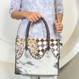 Nuevo diseño de moda, bolso tote a cuadros de cuero vacuno hecho a mano, elegante bolso de hombro cruzado con estampado floral para mujer, para uso diario. - Product Image 4