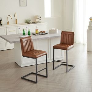 Vintage 26-Inch Counter Height Bar <b>Stool</b> Brown Faux <b>Leather</b> with Sturdy Black Metal Frame Vertical Tufted Backrest Footrest - Product Image 1
