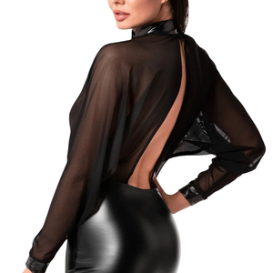 Robe moulante noire transparente à manches longues, col montant, dos nu, avec doublure en maille, ajustée, sexy, pour soirée, toutes saisons, couleur unie - Product Image 1