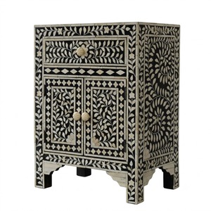 Luxury <b>Black</b> And White Geometric Bone Inlay <b>Bedside</b> Table Handcrafted Wholesale Modern Bedroom Furniture Nightstand <b>Cabinet</b> - Product Image 6