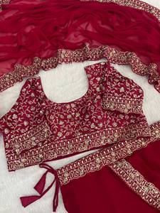 Conjunto de Saree Bordado Color Granate para Mujer, Lehenga con Volantes, Traje Tradicional Indio para Fiesta - Product Image 5