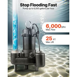 Pompa Sommergibile per Acque Reflue da 1/2 HP, 6000 GPH, in Ghisa, 2" NPT, con Interruttore a Galleggiante Automatico con Cavo - Product Image 3