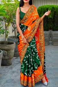 Sari Bandhani Hecho a Mano, Sari Bandhej de Seda Pura, Sari Étnico Tradicional para Bodas en India - Product Image 4