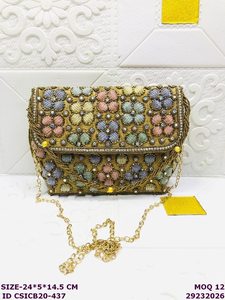 Luxury Designer Handmade Satin Beaded Stone Pattern Evening Bag Flap Closure Chain Strap Elegant Bridal Clutch 1-1.9L - Product Image 3