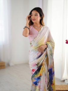 Elegante Saree de Poliéster con Estampado Digital y Trabajo de Espejo para Mujer, Estilo Indio-Pakistaní, Largo hasta el Suelo, Corte Regular, para Fiestas - Product Image 1