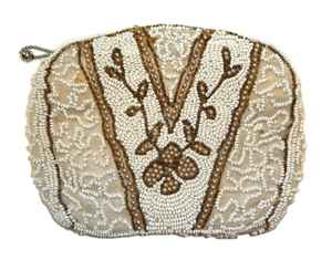 Porte-monnaie brodé de perles, motif floral doré, pochette zippée, portefeuille style vintage, sacs faits main en perles de verre, mini étui - Product Image 1