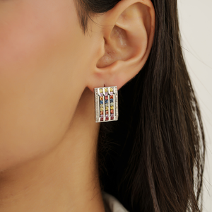 Best Selling 925 Sterling Silver Natural Multi Sapphire Vertical Stripes Statement <b>Studs</b> <b>Earring</b> For Women's <b>Fine</b> Jewelry - Product Image 2