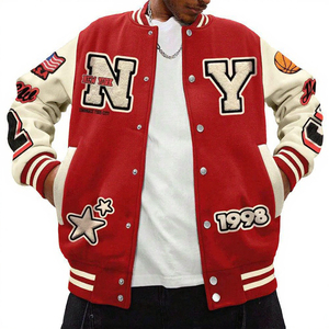 Chaqueta Varsity con Capucha Roja Bordada con Logotipo de NY y Estrellas, Parche 1998, Estilo Preppy Unisex, Cuello Alto, Corte Regular, Patrón de Letras - Product Image 3