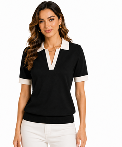 Camiseta de Punto de Algodón 100% Transpirable para Mujer, Manga Corta, Cuello en Contraste, Cuello en V, Dobladillo Acanalado, Informal, para Oficina, Verano, OEM Personalizado - Product Image 1