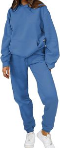 Ensemble de survêtement bleu clair à capuche pour femme, décontracté, couleur unie, manches longues, avec cordon de serrage et poches latérales - Product Image 6