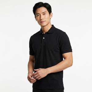 เสื้อโปโลแขนสั้นสีดำสำหรับผู้ชาย ผ้าฝ้ายถัก สีพื้น สไตล์ลำลอง ทรงปกติ ติดกระดุมด้านหน้า - Product Image 3
