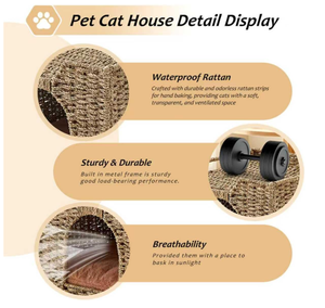 Handwoven Fiber Cat Bed Cave Square <b>Indoor</b> All Seasons Collapsible Pet Bed for Cats Natural Color Durable Design - Product Image 2