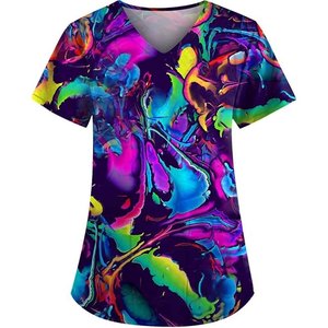 Women Teal Scrub Top Short Sleeve V-Neck Heart Print Stethoscope Design Pockets Hospital Uniform Blouse Needle Detection - Product Image 3
