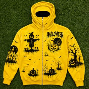 Sudadera con capucha y cremallera completa con estampado gráfico de Halloween amarillo al por mayor, sudadera con capucha extragrande con cubre rostro, sudadera con capucha de calabaza espantapájaros - Product Image 6