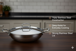 PREMIUM TRIPLEY DEEP <b>WOK</b> (Kadai) WITH StaiNless Steel <b>LID</b> - Product Image 3