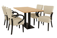 Ensemble de table à manger pour restaurant avec accoudoirs rembourrés, dessus de table en grain de bois et base en métal noir pour café et hôtel