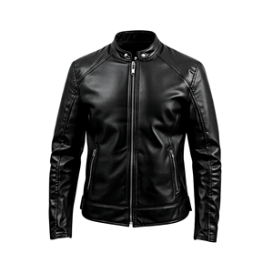 Blouson de motard en cuir véritable noir pour l'hiver avec fermeture éclair, col montant, coupe ajustée, couleur unie, style Cafe Racer - Product Image 1