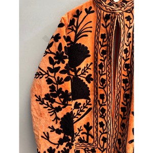 Orange Mandarin Collar <b>Jacket</b> With <b>Black</b> Floral Embroidery Full Sleeve Cotton Boho Style Women's <b>Jacket</b> - Product Image 2