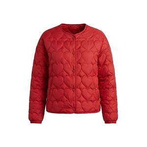 Red Quilted Heart Pattern Jacket Full Sleeve O-Neck Button Closure Women's Autumn Wear - Product Image 1