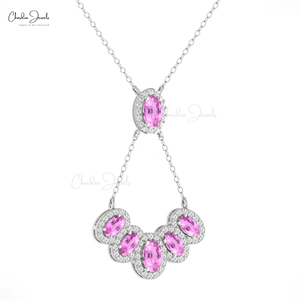 Collar de zafiro rosa ovalado de 2.47 CTW con halo de diamantes, listo para enviar, en oro blanco fino de 14k, ideal para fiestas, para mujer. - Product Image 2
