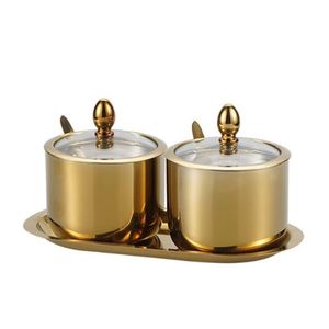 Luxury sugar container set gold kitchen jar set <b>spice</b> container set with <b>tray</b> condiment jar with lid spoon sugar bowl - Product Image 6