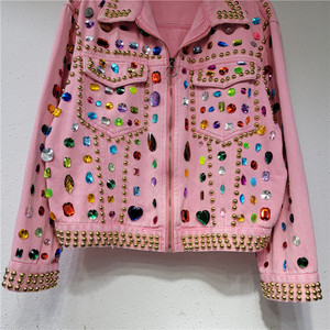 Veste en jean rose personnalisable nouveau style avec décorations de pierres colorées pour filles, manteau zippé en jean haute performance 2-14 ans, mode urbaine - Product Image 2