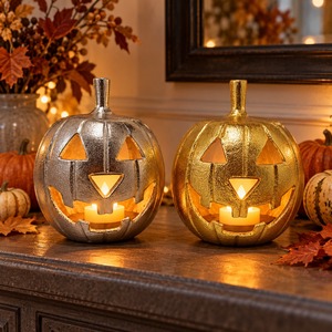 Aluminum Pumpkin Decor Silver Gold Finish Halloween Interior <b>Wall</b> Decoration Homes Party Season Festive Accent Ornament Gift Set - Product Image 1